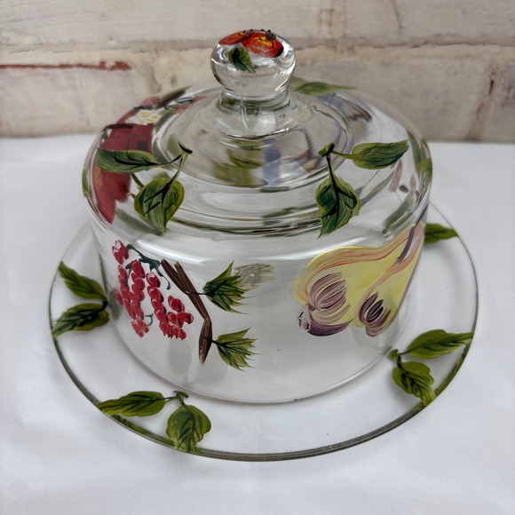 Hand-Painted Fruit Glass Cheese Dome & Plate • Cottage Garden Serveware - Picture 2 of 11